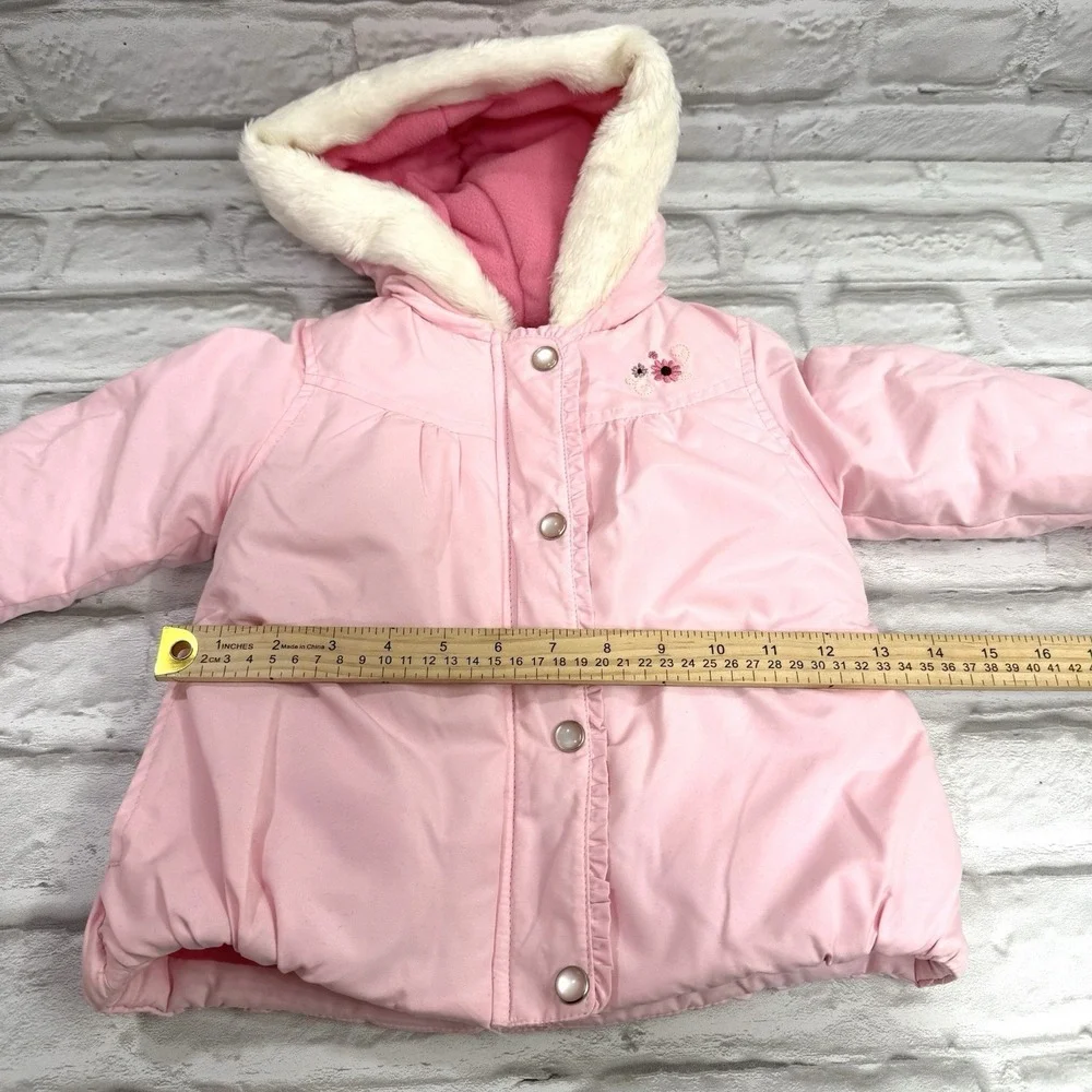 Carters Baby Girls 24M Pink Puffer‎ Jacket Coat  Embroidered Flowers Fur Hood
